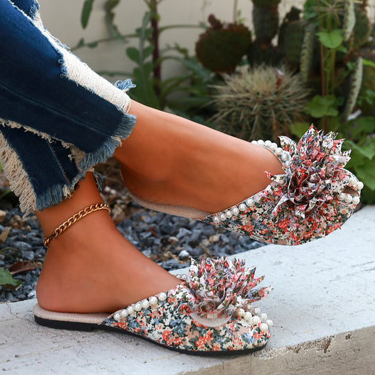 Damen Pantoletten mit floralem Design und eleganten Perlen R&B
