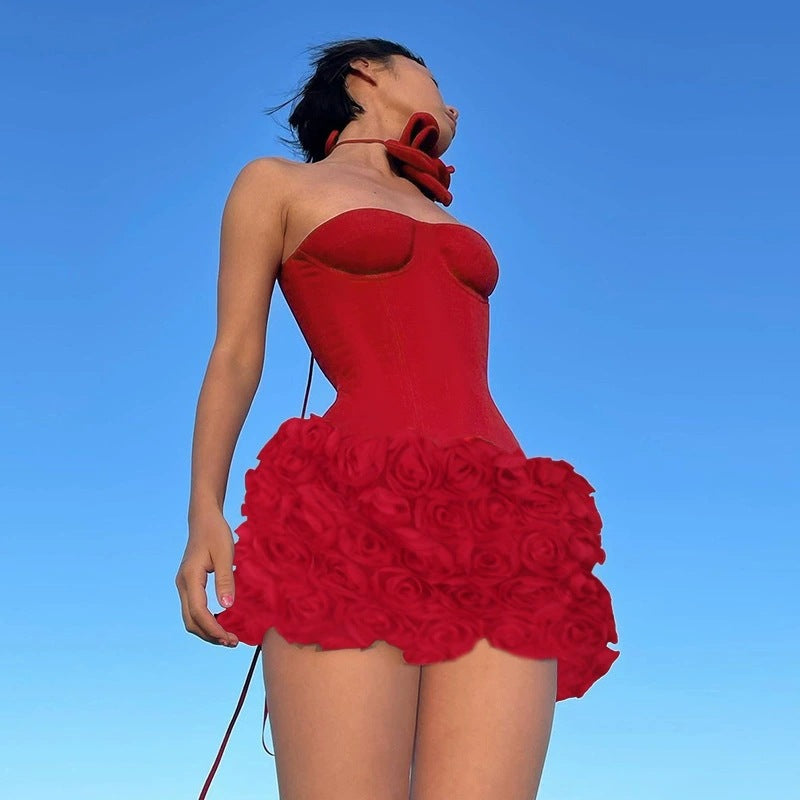 Damen Sexy Minikleid mit Blumenapplikationen und herzförmigem Ausschnitt R&B