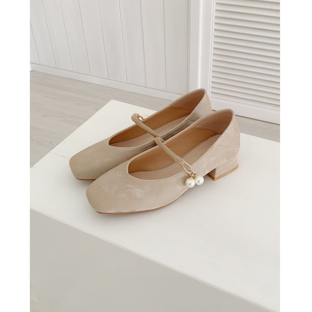 Damen Ballerinas mit Perlenschmuck und bequemem Blockabsatz R&B