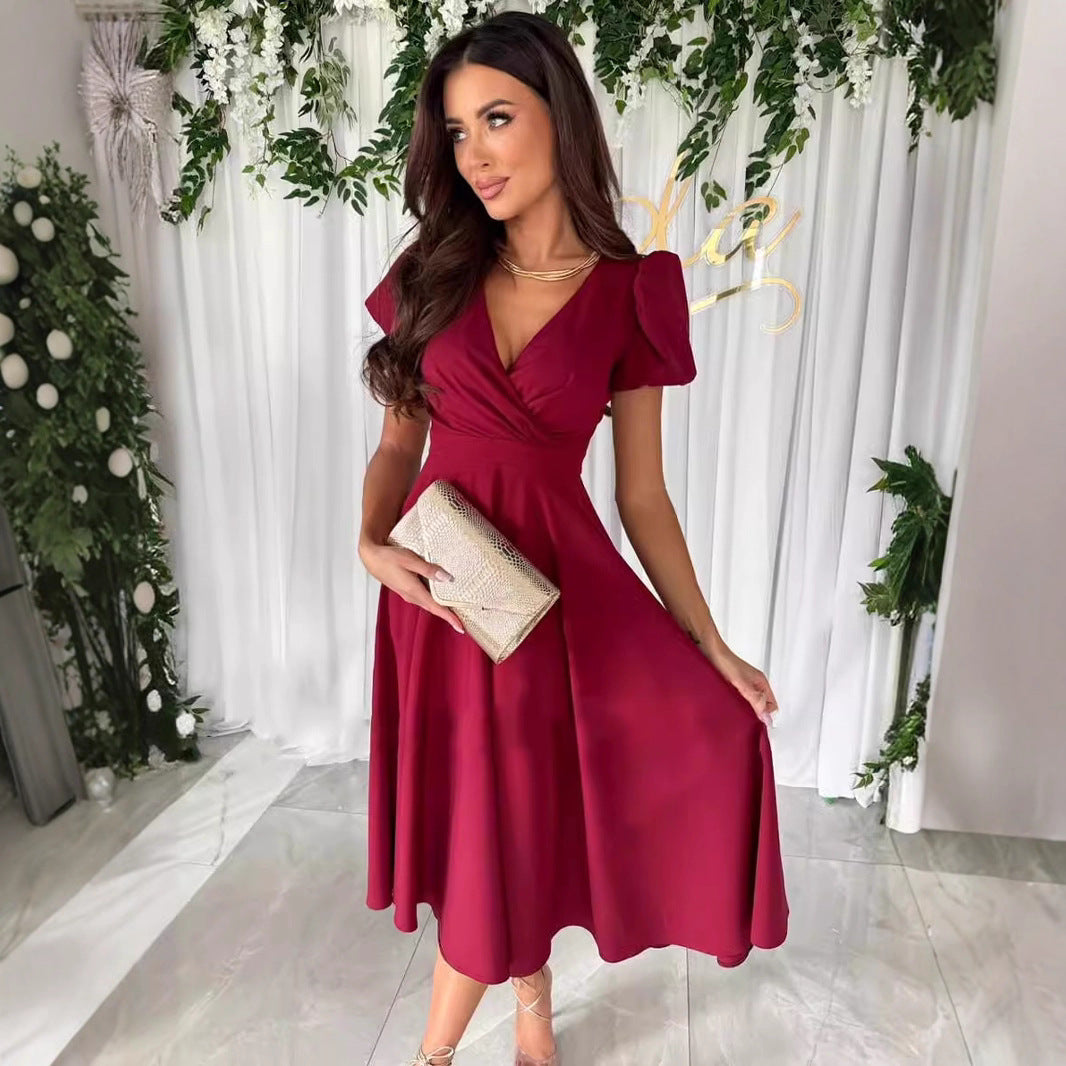 Damen elegantes Midikleid mit Wickeloptik und ausgestelltem Rock R&B