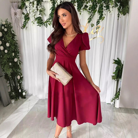 Damen elegantes Midikleid mit Wickeloptik und ausgestelltem Rock R&B
