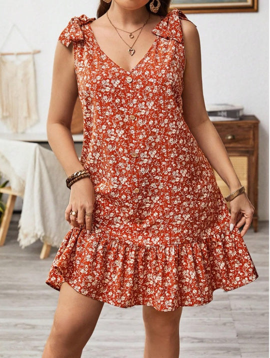 Damen kurzes Sommerkleid mit Rüschendetails und Knopfleiste R&B