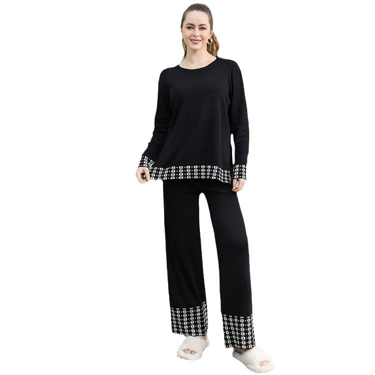 Damen stilvolles Strick-Loungewear-Set mit dekorativen Kontrastabschlüssen R&B