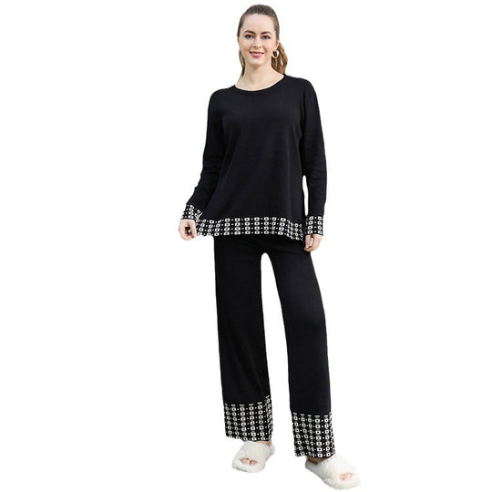 Damen stilvolles Strick-Loungewear-Set mit dekorativen Kontrastabschlüssen R&B