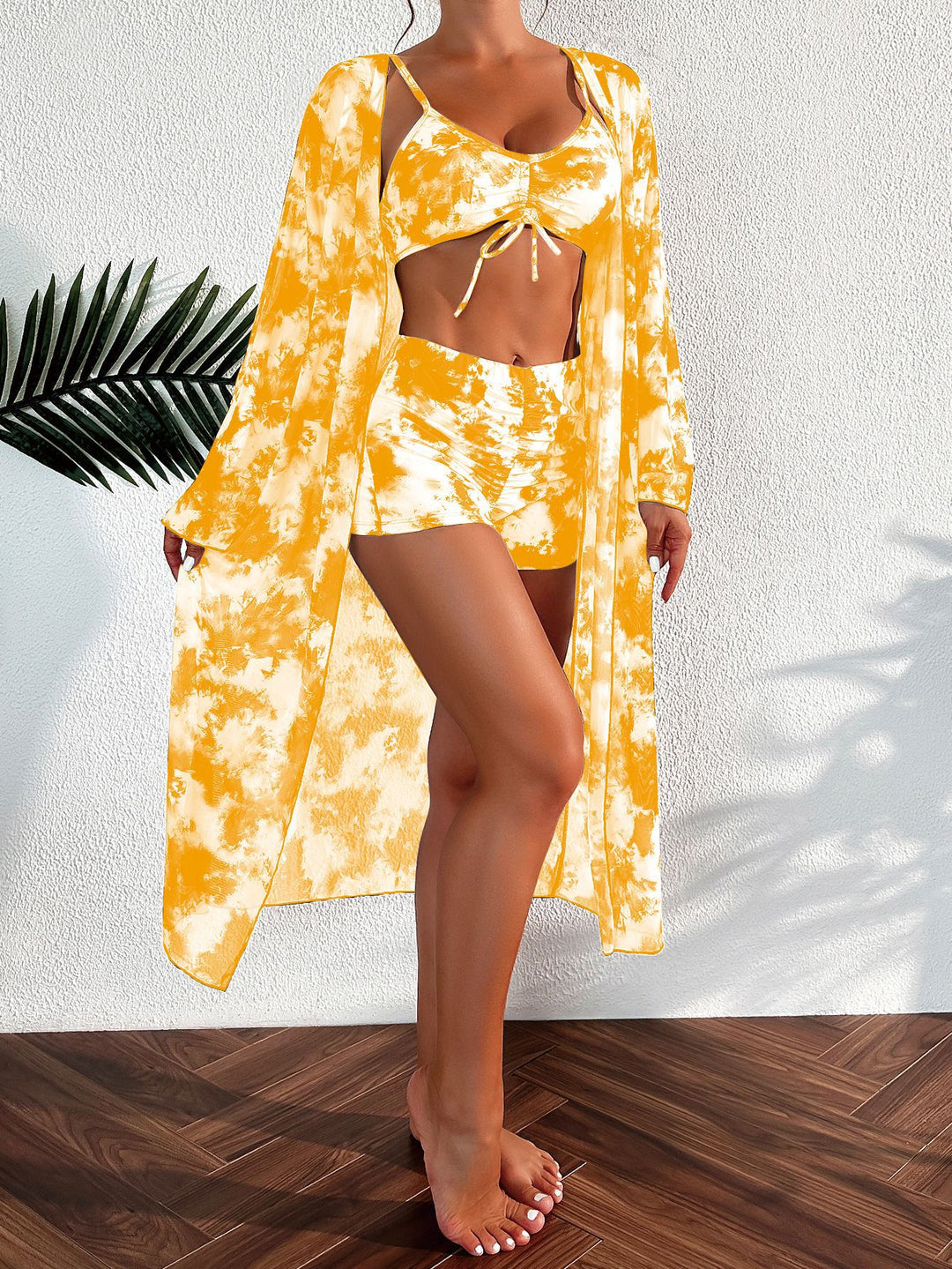 Damen Bikini-Set mit kurzem Höschen und transparentem Strandkimono R&B