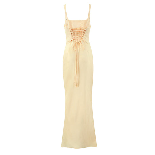 Damen Maxikleid mit elegantem quadratischen Ausschnitt und raffiniertem Drapierungsdesign R&B