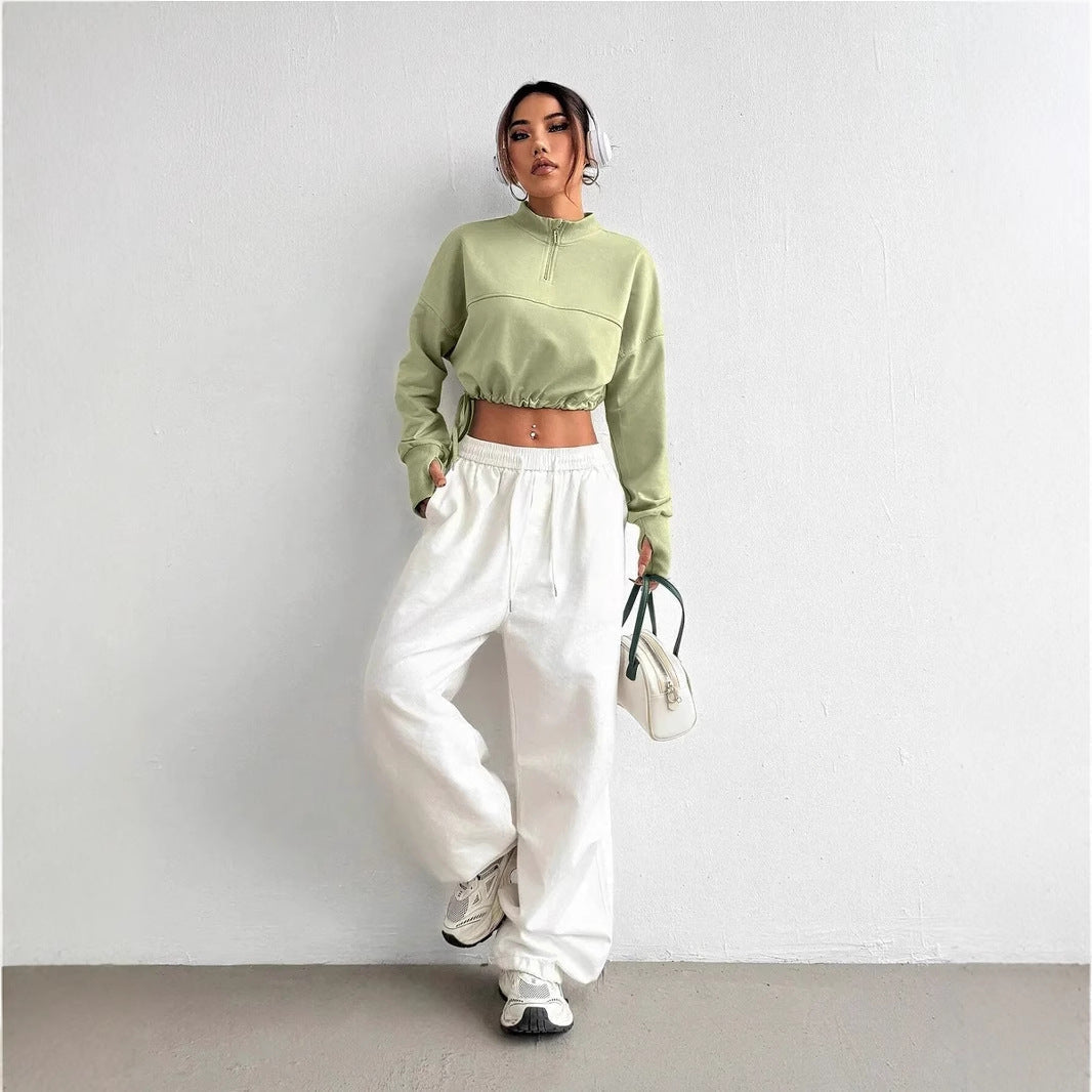R&B | Crop Pullover Baumwollmischung Bequeme Passform Reißverschlusskragen Ballonärmel