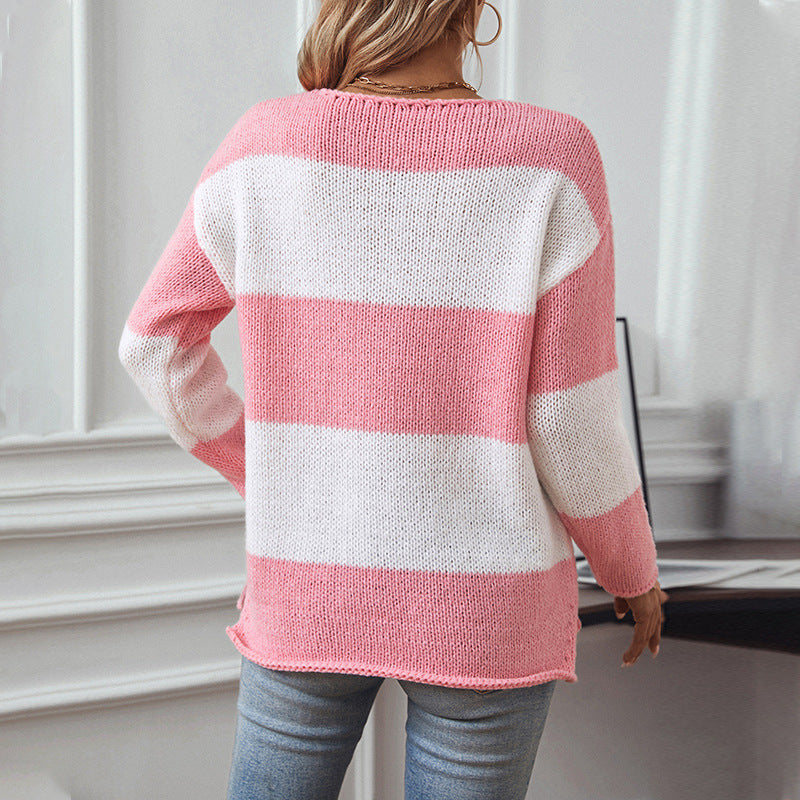 Damen lässiger V-Ausschnitt Strickpullover mit großzügigem Streifenmuster R&B
