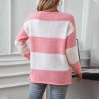 Damen lässiger V-Ausschnitt Strickpullover mit großzügigem Streifenmuster