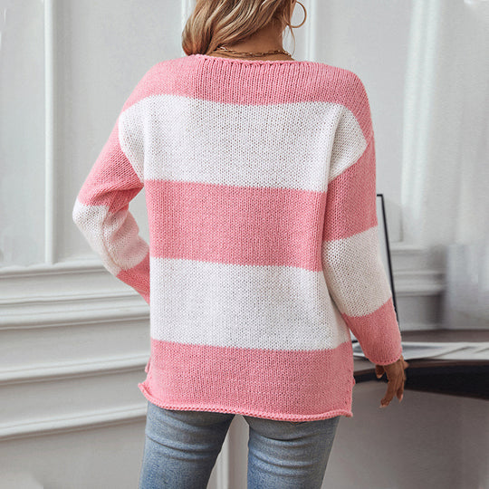 Damen lässiger V-Ausschnitt Strickpullover mit großzügigem Streifenmuster R&B