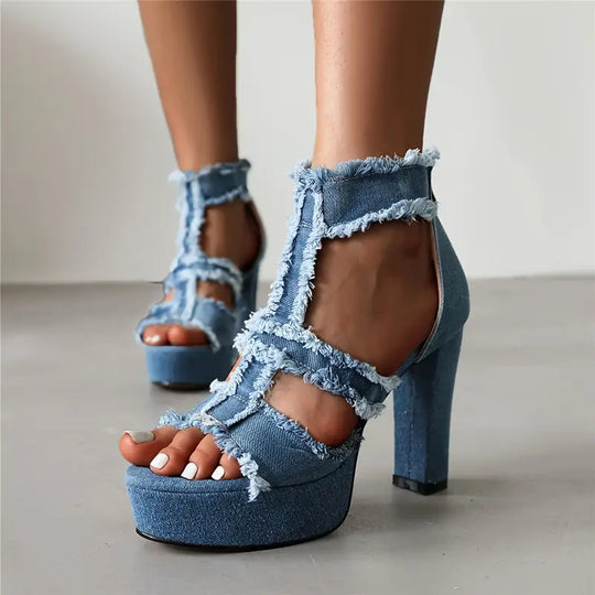 Damen Plateausandalen mit fransigen Denim-Details R&B