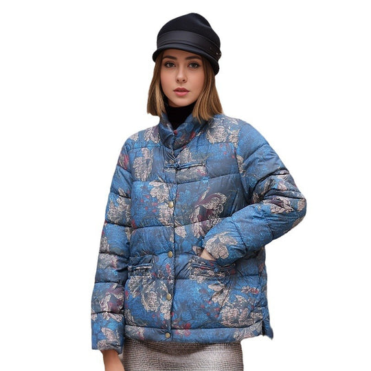 Damen gesteppte Winterjacke mit buntem Kunstdesign und praktischen Taschen R&B