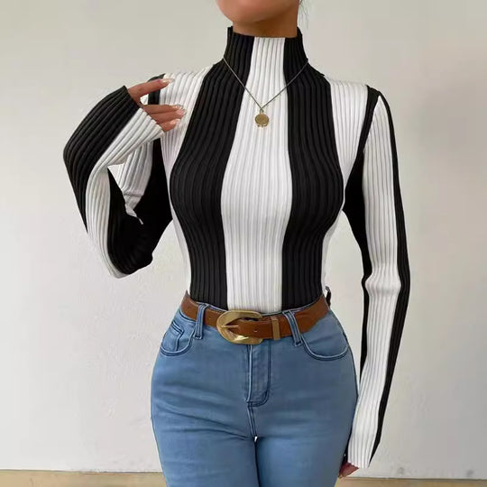 Damen Langarmshirt mit strukturiertem Rippmuster und hohem Kragen R&B