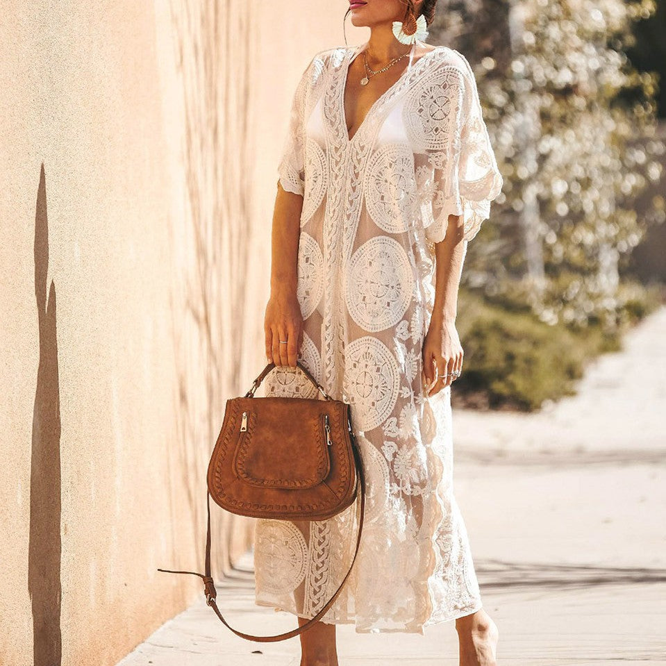 Damen Elegantes Häkel-Strandüberwurfkleid mit voluminösen Ärmeln und V-Ausschnitt R&B