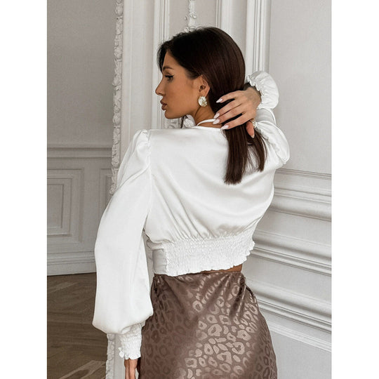 Damen Elegante V-Ausschnitt Gedrehte Bluse mit Rüschennähten R&B