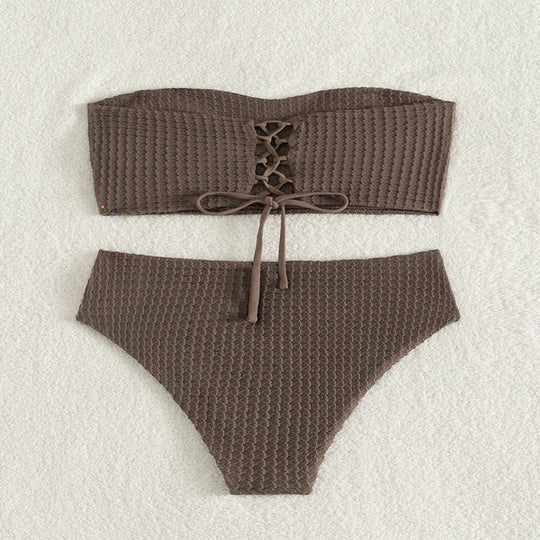 Damen Bandeau-Bikini mit lässiger Schnürung und hohem Bund R&B