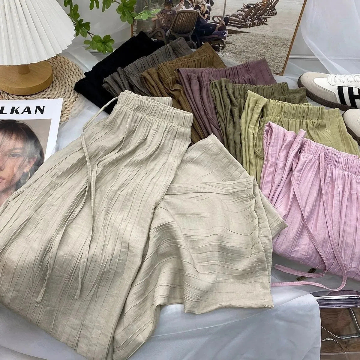 Damen lässige Plissee-Hosen mit elastischem Bund und praktischen Seitentaschen