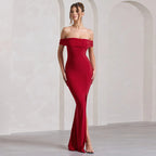 Damen Maxi-Kleid mit schulterfreiem Design und elegantem Schlitz R&B