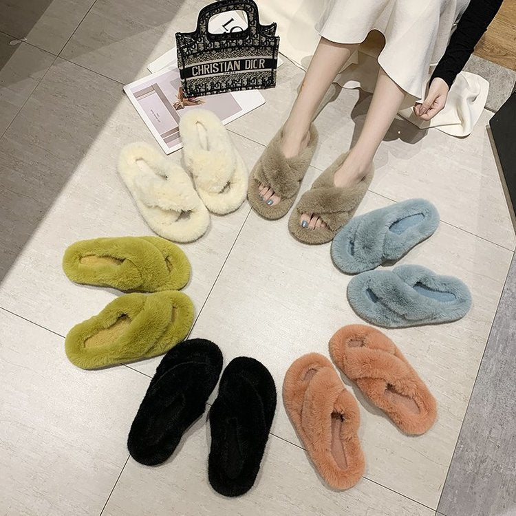 Damen Flauschige Hausschlappen mit gewendeten Riemen und ergonomischem Fußbett R&B