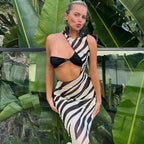 Damen Maxikleid mit asymmetrischem Schnitt und transparentem ZR&Bra-Muster R&B