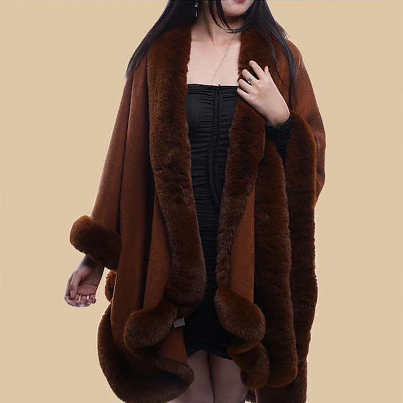 Damen Kunstfell-Cape mit voluminösem Kapuzenkragen und eleganter Felloptik R&B