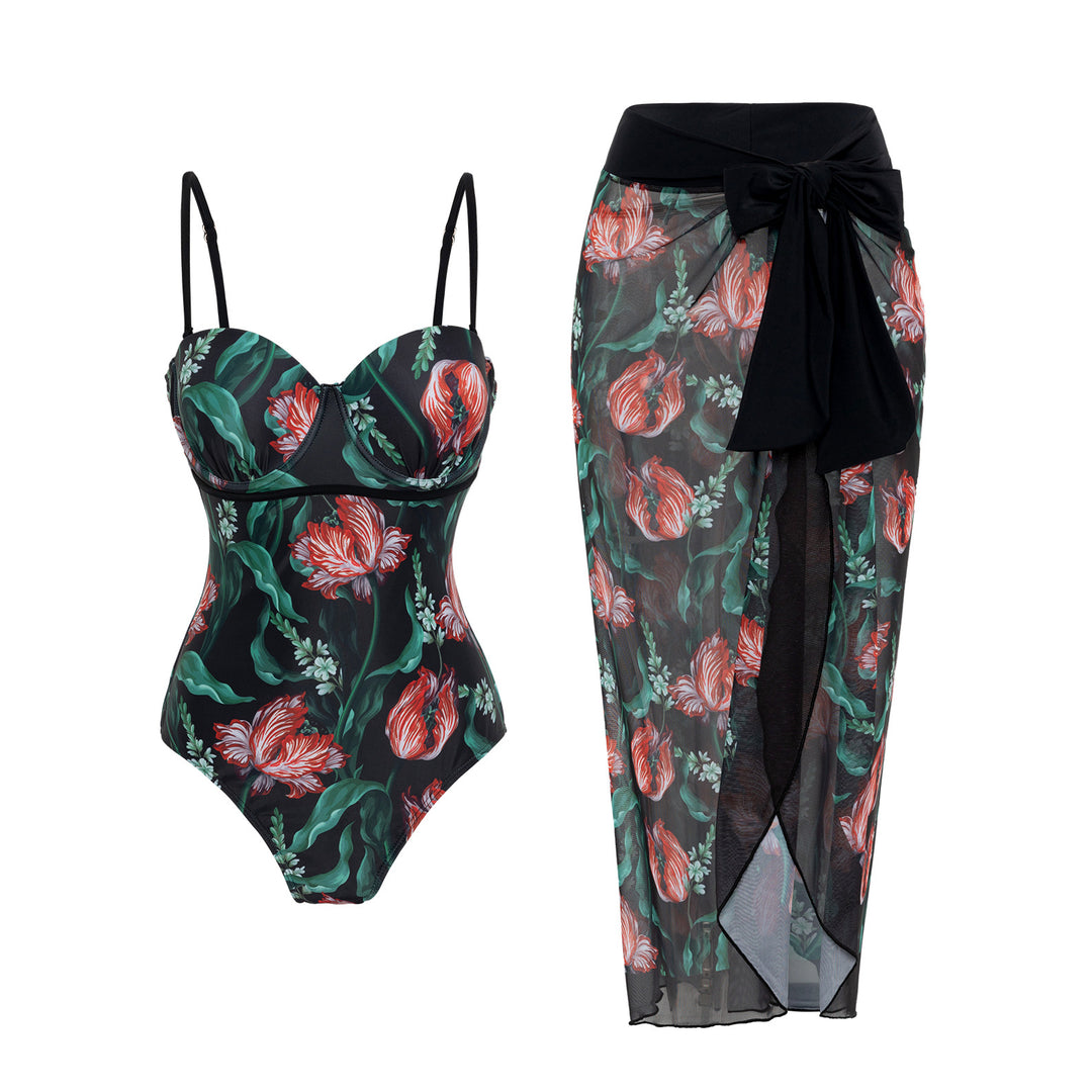 Damen Bademode mit floralem Muster und transparenter Sarong-Hülle R&B
