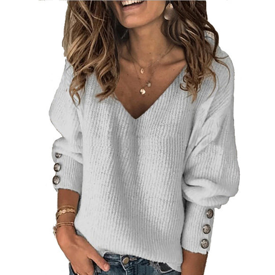 Damen Strickpullover mit V-Ausschnitt und dekorativen Knöpfen R&B
