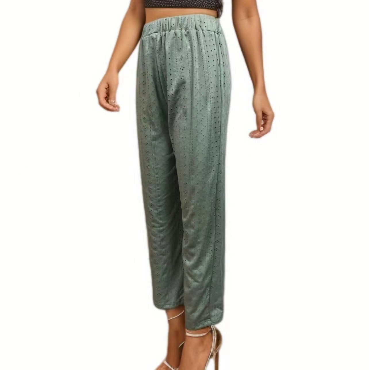 Damen weite Sommerhose mit feinen Lochmuster und elastischem Bund R&B