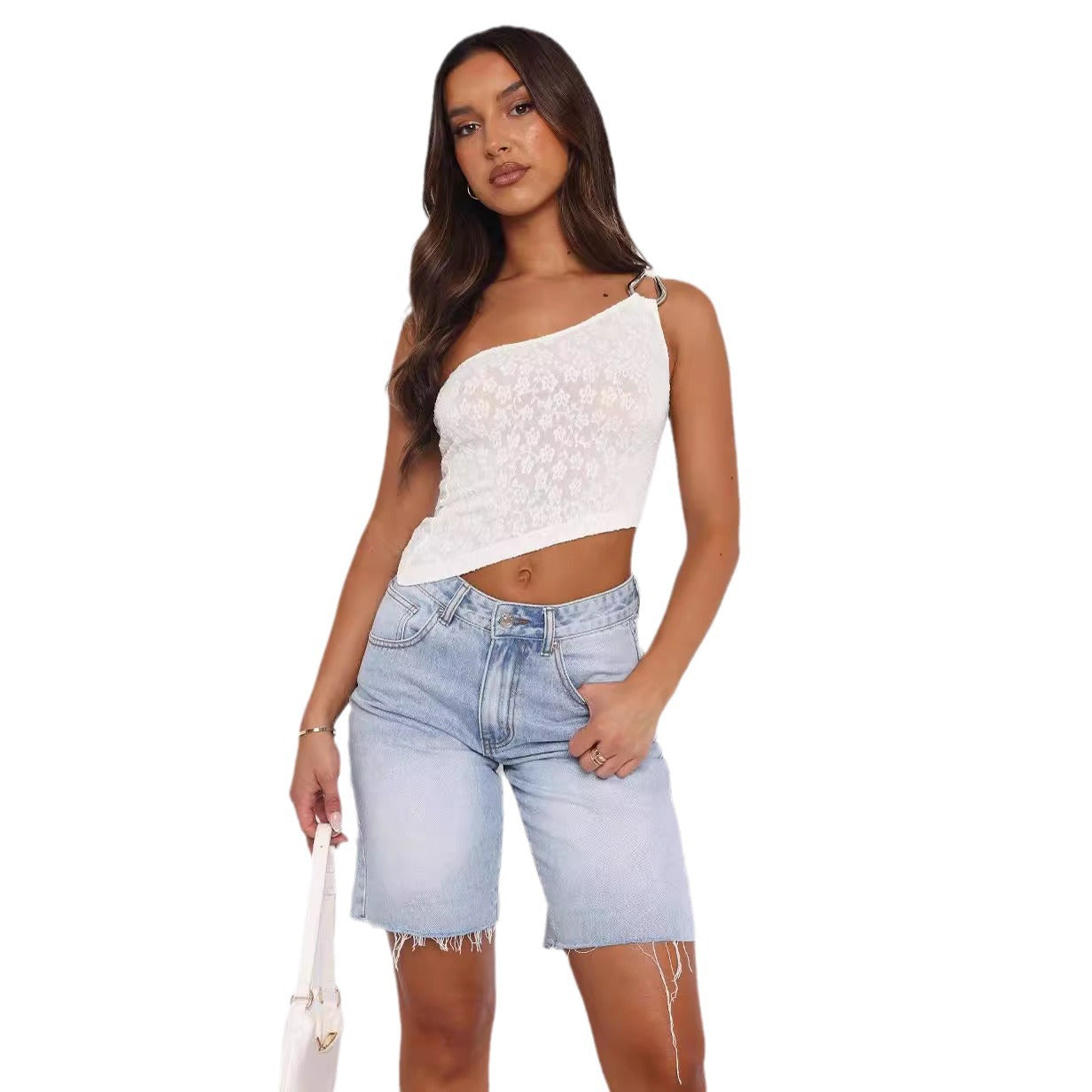 Damen asymmetrisches Spitzenoberteil mit funkelndem Ringdetail R&B