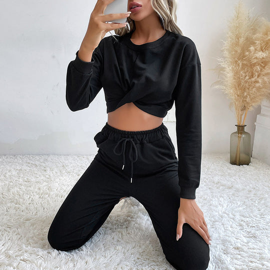 Damen Lässiger zweiteiliger Jogginganzug mit cropped Oberteil und flexibler Taille R&B