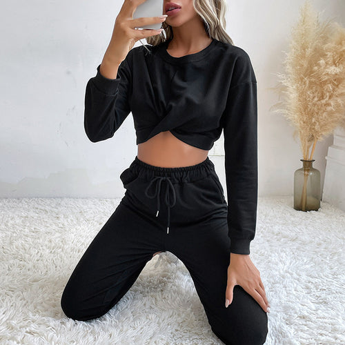 Damen Lässiger zweiteiliger Jogginganzug mit cropped Oberteil und flexibler Taille R&B