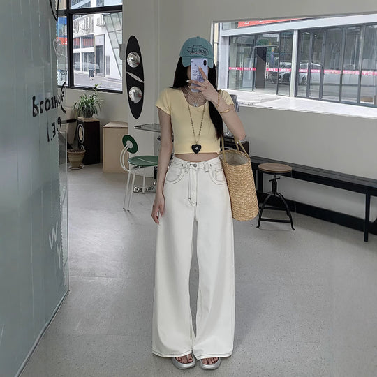 Damen weit geschnittene Denim-Hose mit hohem Bund und lässigem Schnitt R&B