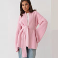Damen Strickjacke mit Bindegürtel und weit geschnittenen Ärmeln R&B