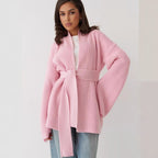 Damen Strickjacke mit Bindegürtel und weit geschnittenen Ärmeln R&B