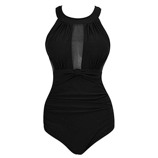 Damen Hochwertiger Einteiler Badeanzug mit Mesh-Einsatz und Raffung R&B