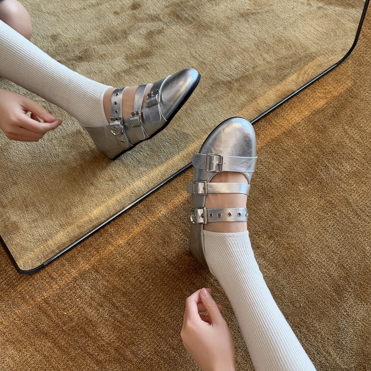 Damen Glänzende Ballerinas mit Riemen und Schnalle