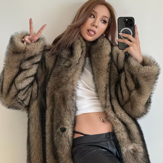 Damen Oversize Kunstpelzmantel R&B