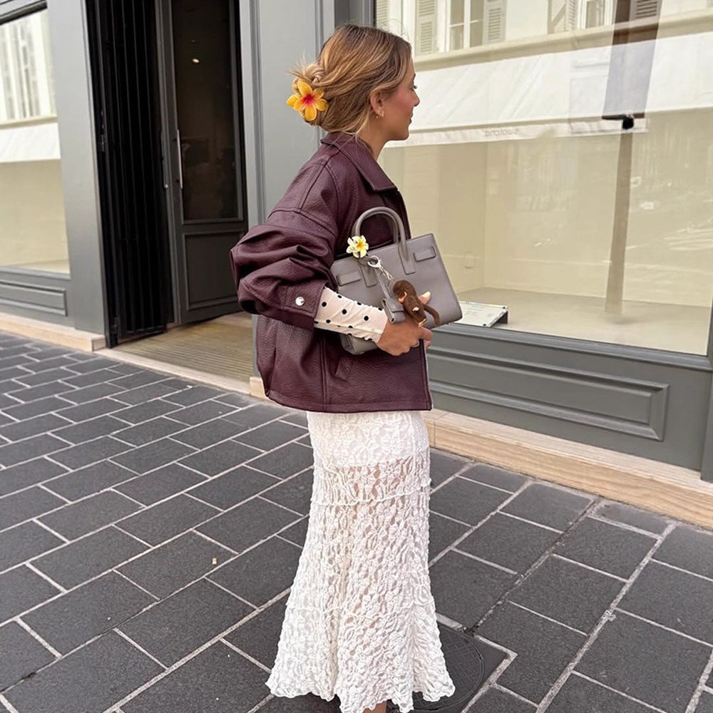 Damen lässige cropped Kunstlederjacke mit voluminösen Ärmeln R&B