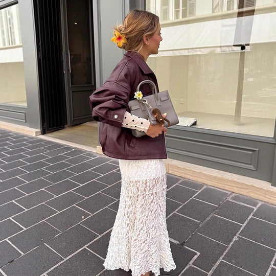 Damen lässige cropped Kunstlederjacke mit voluminösen Ärmeln R&B