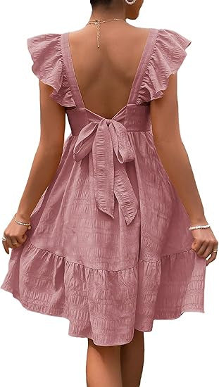 Damen luftiges Baumwollkleid mit Rüschendetails und offenen Rücken R&B