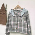 Damen nostalgische Karobluse mit Kapuze und Knopfverschluss R&B