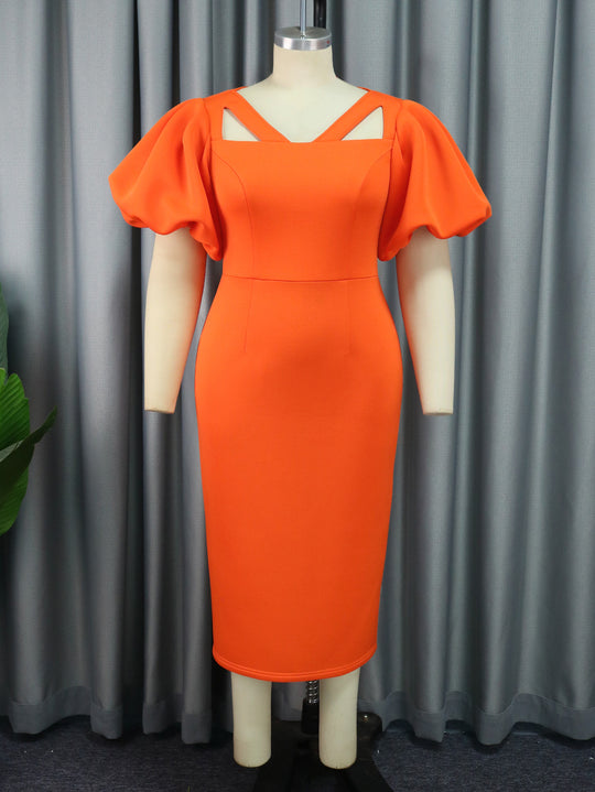 Damen Figurbetontes Kleid mit voluminösen Puffärmeln und innovativem Ausschnitt R&B