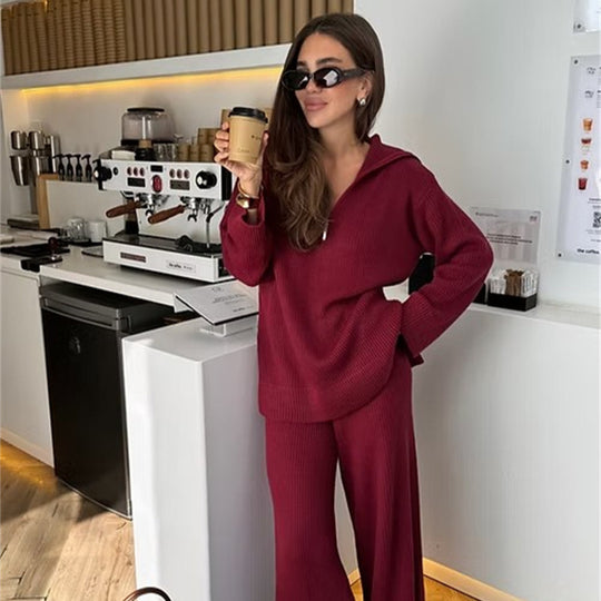 Damen gemütliches Strick-Loungewear-Set mit Kapuze und weitem Bein R&B