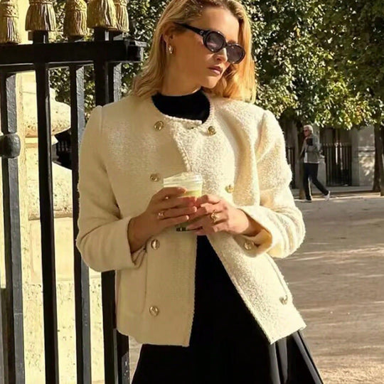 Damen elegante Bouclé-Jacke mit dekorativen Knöpfen und aufgesetzten Taschen R&B