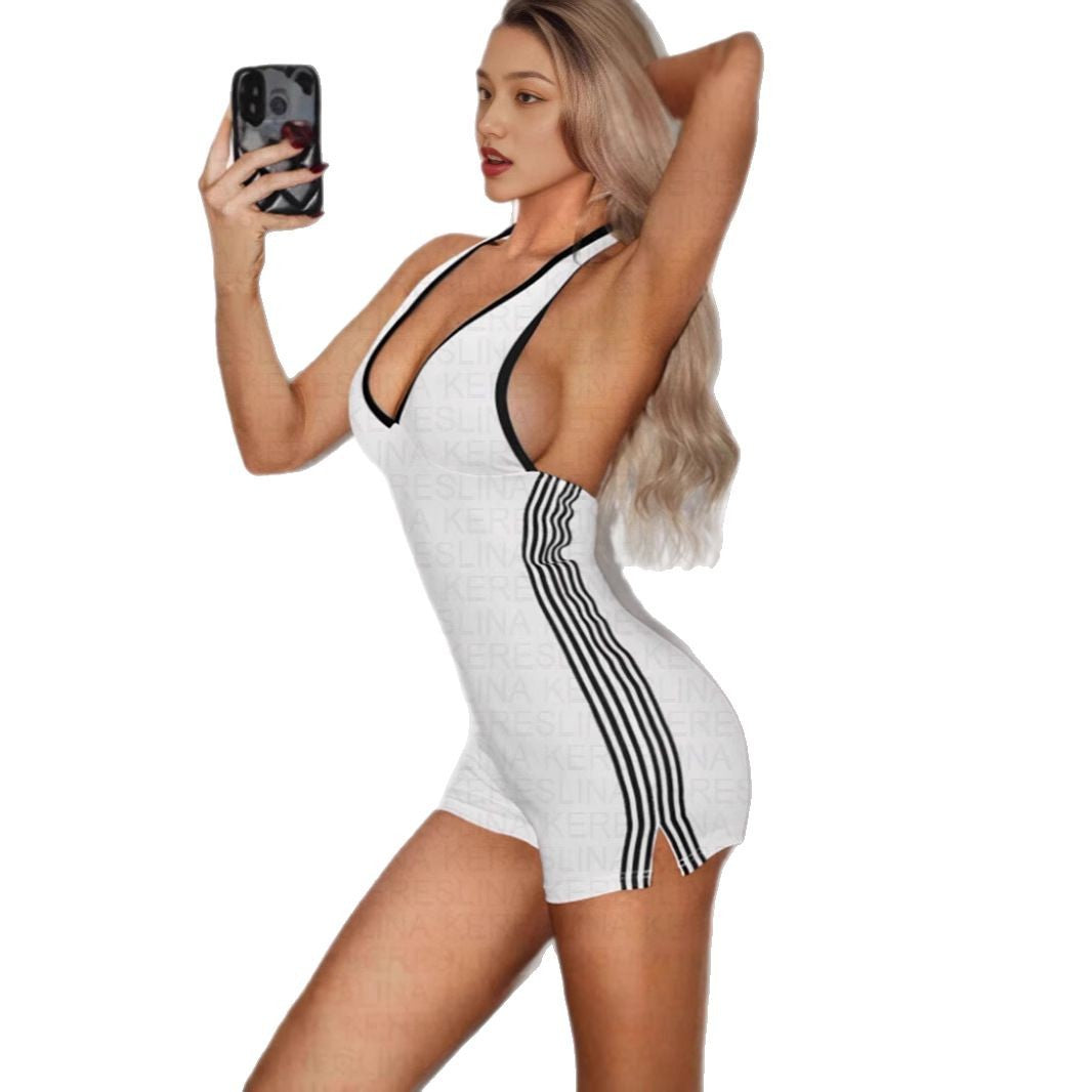 Damen Sportlicher Jumpsuit mit tiefem V-Ausschnitt und figurbetonter Silhouette R&B
