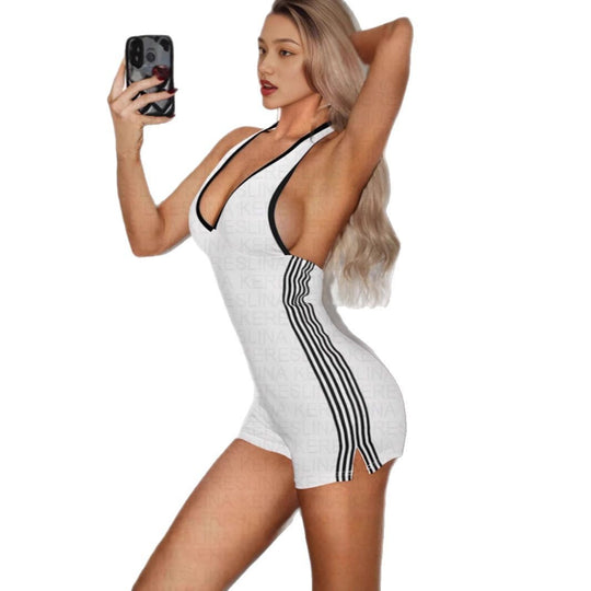 Damen Sportlicher Jumpsuit mit tiefem V-Ausschnitt und figurbetonter Silhouette R&B