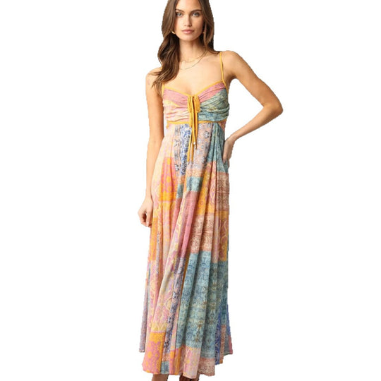 Damen nan bodenlanges Boho-Strandkleid mit gerafftem Bustier und Tunnelzug R&B