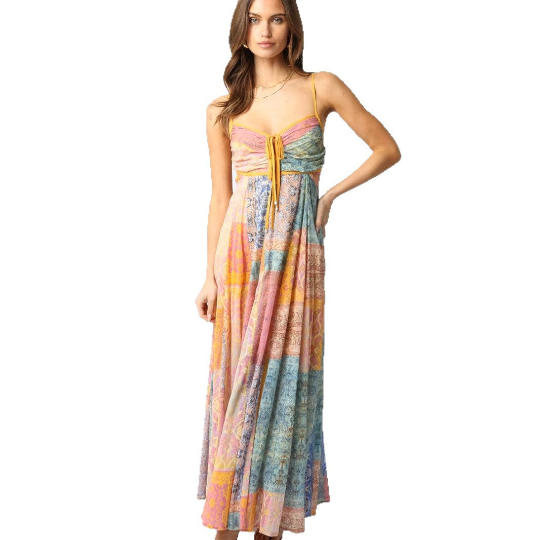 Damen nan bodenlanges Maxikleid mit gerafftem Bustier, Tunnelzug und Patchwork-Print R&B