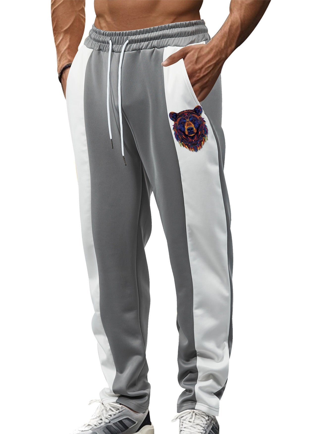 Herren nan sportive Trackpants mit seitlichen Kontrastbahnen elastischem Bund Kordelzug und Hirschstickerei R&B