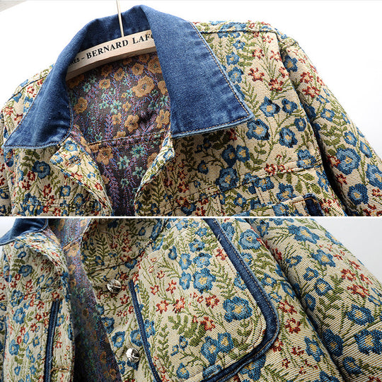Damen Blumenmuster Denimjacke mit aufgesetzten Taschen und Kragen R&B